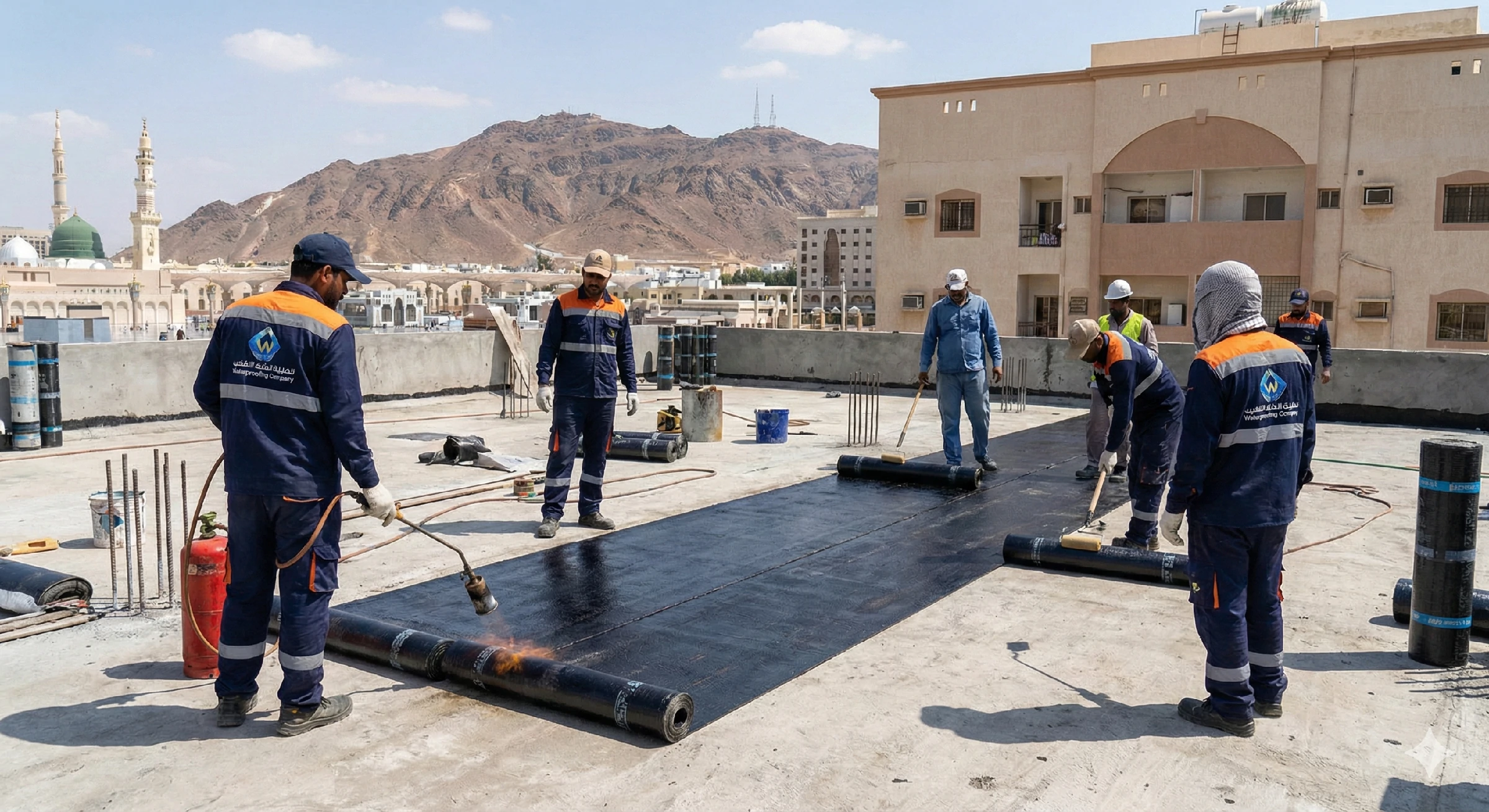 عملية تطبيق العزل المائي بواسطة شركة عزل رول بالمدينة المنورة في أحد أحياء المدينة